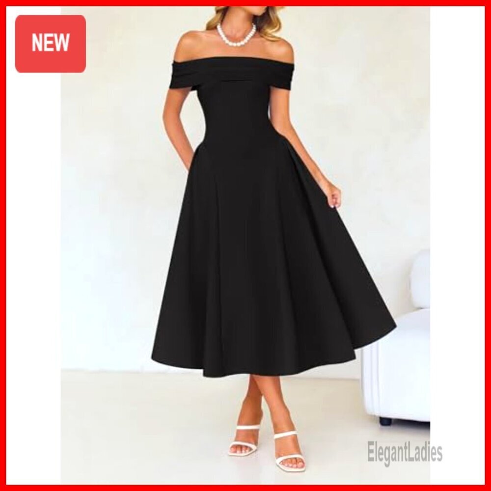 Off Shoulder Short Sleeve Midi Dress Formal Evening Party Swing A Line - Picture 3 of 7